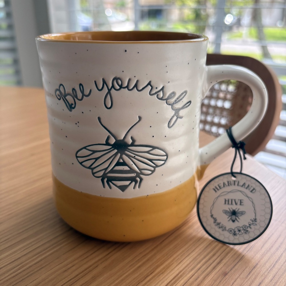 Heartland Hive Bee Yourself Ceramic Coffee Mug Yellow White Speckled Bee Tag